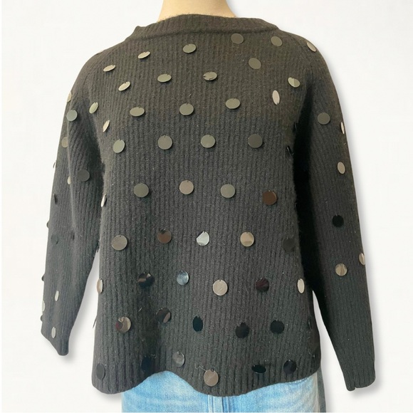 Vintage Michael Simon Black Sequin Paillette Fuzzy Ribbed Knit Crewneck Sweater - Picture 4 of 10